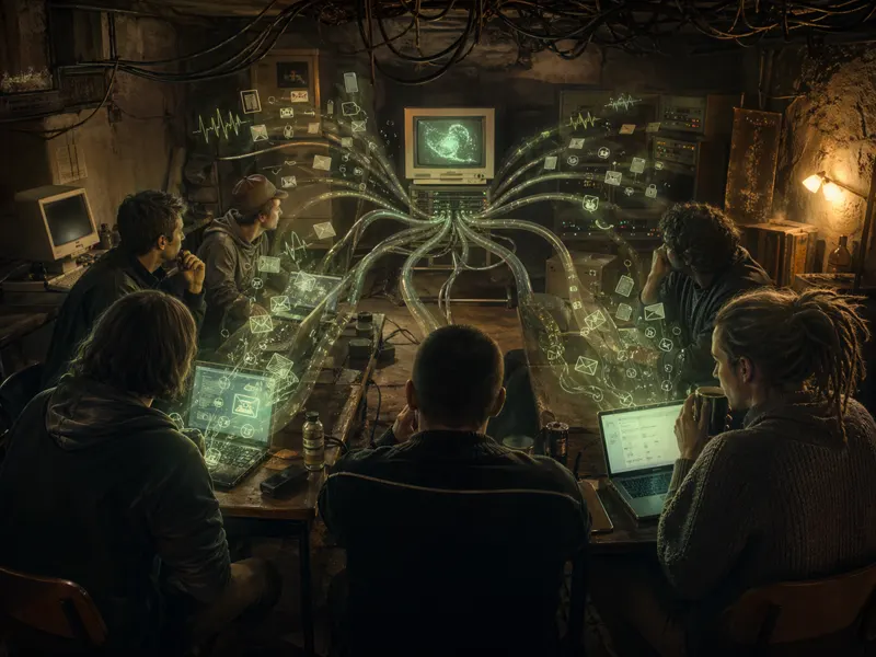 KI und Psychotherapie Themenbild Menschen vor leuchtendem Computerdisplay vor circa 20 Jahren