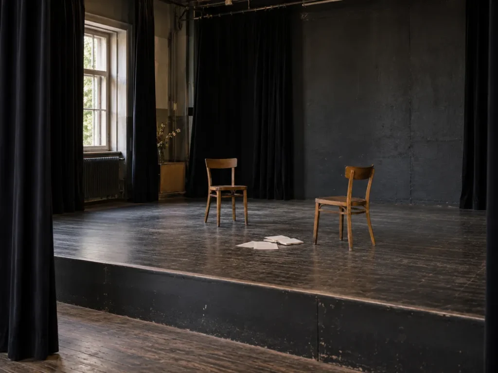 Beitragsbild zu "Narrative Therapie" und "Narrative Perspektive", eine leere Probebühne in Halbtotale (c) Boris Laaser